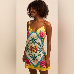 Blue Steel Colorful Floral Spaghetti linen Strap  Dress, S